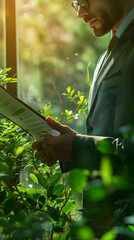 Poster - Photo Realistic Green Auditor with Checklist  Certification for ISO14001 Compliance | Concept Image of Eco Auditing  Certification on Dreamy Background with Text Space | Photo St