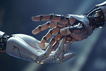 Poster - Robotic hands reaching out, illustrating the concept of connection and cooperation, Interaction of human and robot hands, AI generated
