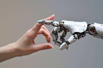 Poster - Image of two mechanical hands extending towards each other, representing unity, Interaction of human and robot hands, AI generated