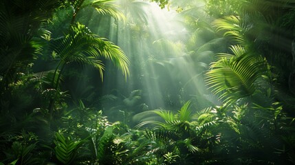 A lush dense jungle with sunlight filtering through the green leaves