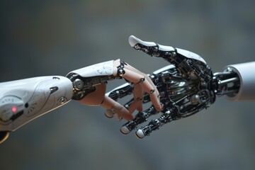 Poster - Image of two mechanical hands extending towards each other, representing unity, Interaction of human and robot hands, AI generated