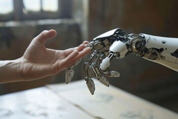 Poster - Interaction of human and robot hands, Two robotic hands reaching out to each other, symbolizing connection and unity, AI generated
