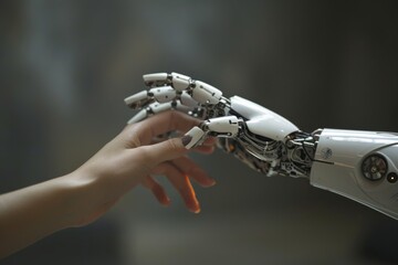 Poster - Interaction of human and robot hands, Two robotic hands reaching out to each other, symbolizing connection and unity, AI generated