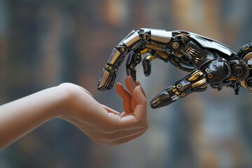 Poster - Interaction of human and robot hands, Two robotic hands reaching out to each other, symbolizing connection and unity, AI generated
