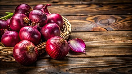 Sticker - Fresh and organic red onions on a wooden surface, vegetable, food, onion, organic, farm, agriculture, healthy, ingredient, natural