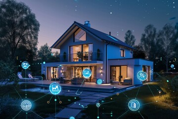 Poster - A picture of a futuristic smart home with interconnected smart appliances and systems, Integrated smart home system controlling everything, AI generated