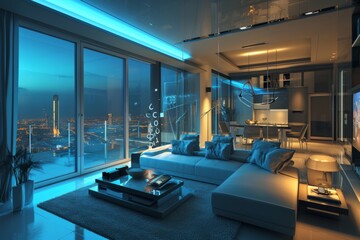 Poster - A picture of a futuristic smart home with interconnected smart appliances and systems, Integrated smart home system controlling everything, AI generated