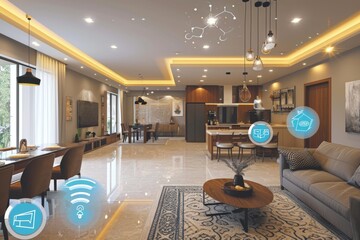 Poster - A picture of a futuristic smart home with interconnected smart appliances and systems, Integrated smart home system controlling everything, AI generated