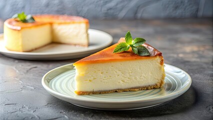 Wall Mural - Creamy and crustless Basque cheesecake on a plate, cheesecake, dessert, Basque, creamy, homemade, delicious, pastry, Spanish, cuisine