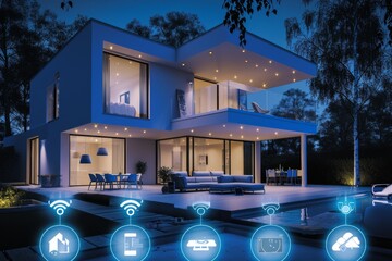Poster - Integrated smart home system controlling everything, A modern smart home with automated systems for convenience and efficiency, AI generated