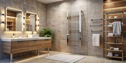 Wall Mural - Contemporary bathroom with wall-mounted electric towel rack for convenience and style, modern