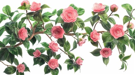 Wall Mural - An camellia bush with pink flowers and lush green leaves, isolated on a white background. Anime foliage, anime background