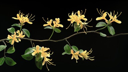 Canvas Print - An honeysuckle vine with yellow flowers, isolated on a black background. Anime foliage, anime background