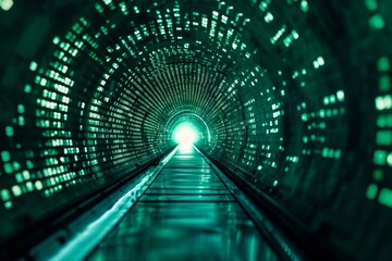 Poster - Infinite tunnel of binary code representing matrix, Binary code and green lights in a tunnel, giving off a digital and mysterious vibe., AI generated