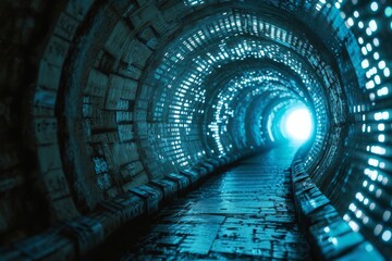Poster - Infinite tunnel of binary code representing matrix, Binary code and green lights in a tunnel, giving off a digital and mysterious vibe., AI generated