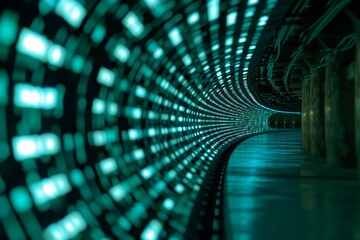 Poster - Infinite tunnel of binary code representing matrix, lit tunnel with binary code, creating a futuristic and techy atmosphere, AI generated