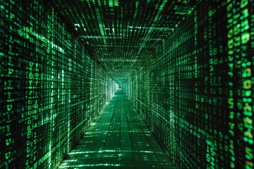 Poster - Infinite tunnel of binary code representing matrix, lit tunnel with binary code, creating a futuristic and techy atmosphere, AI generated