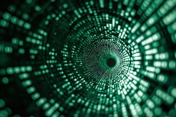 Poster - Infinite tunnel of binary code representing matrix, A tunnel illuminated by green lights with binary code running along the walls, AI generated
