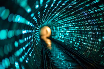 Poster - Infinite tunnel of binary code representing matrix, lit tunnel with binary code, creating a futuristic and techy atmosphere, AI generated
