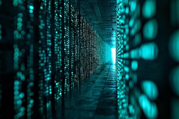 Poster - Infinite tunnel of binary code representing matrix, A tunnel illuminated by green lights with binary code running along the walls, AI generated