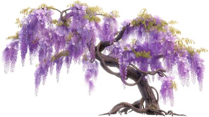 Poster - An wisteria tree with cascading clusters of purple flowers, isolated on a white background. Anime foliage, anime background