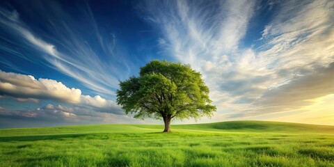 Poster - A serene scene of a lone tree standing tall in a peaceful meadow, nature, landscape, tranquil, green, outdoors, serene