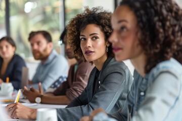 Wall Mural - A diverse group of business professionals participates in a brainstorming session in a modern office boardroom. One woman takes notes while listening attentively to the discussion