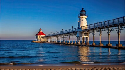 Sticker - Scenic view of St. Joseph Pier in Michigan with lighthouse, St. Joseph, pier, Michigan, Lake Michigan, lighthouse