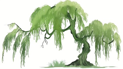 Wall Mural -  weeping willow tree with flowing branches on a white background . Anime foliage, anime background