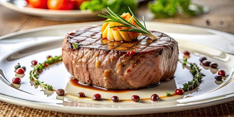 Poster - Gourmet fillet mignon steak served on a white plate at five star restaurant, Gourmet, fillet mignon, steak, fine dining