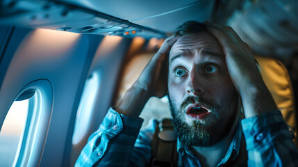 Wall Mural - man on plane scared of flying aerophobia