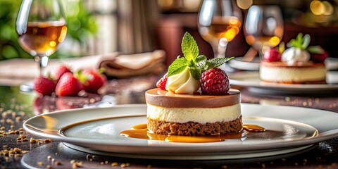 Wall Mural - Close-up of an elegant dessert displayed on a restaurant table , dessert, elegant, gourmet, luxury, fine dining