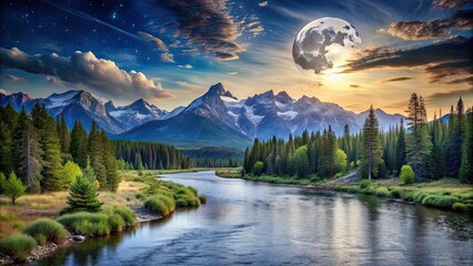 Sticker - Scenic river landscape with mountain, forest, moon, and clouds , river, mountain, forest, moon, clouds, night, nature