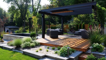 Elegant morning retreat  outdoor garden with teak deck and stylish black pergola