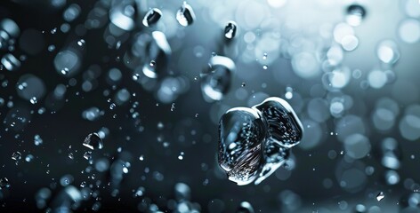 water drops in the air, macro photography, shallow depth of field, bokeh, blue and grey color scheme