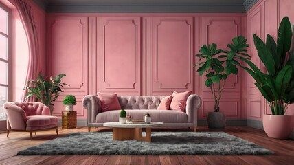 Bedroom pink interior Art deco style with sofa and green plants