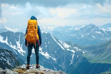 back view hiker fully equiped standing on the mountain top and enjoys the panoramic landscape copy space