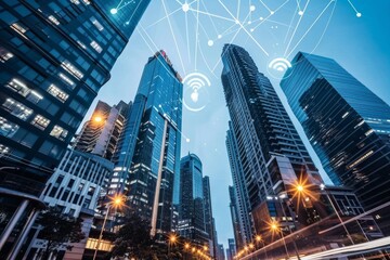 Poster - A state-of-the-art data center in China, representing the future of technology and infrastructure, Wireless signals flowing between modern city buildings, AI generated