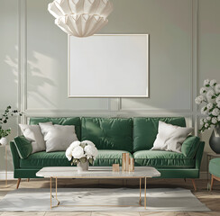 Canvas Print - white frame mockup, interior design of living room with green sofa