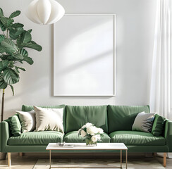 Canvas Print - white frame mockup, interior design of living room with green sofa