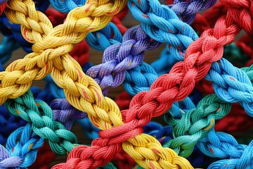 abstract background with interconnected colorful ropes and loose knot elements forming a network pattern