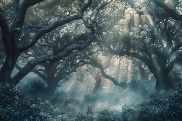 Wall Mural - A mystical, foggy forest with towering, ancient trees and a soft, diffused light filtering through the mist, creating an eerie and enchanting atmosphere