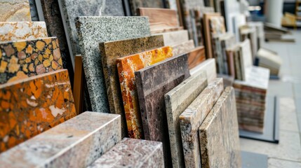 Bright displays of granite and ceramic tile samples at the store