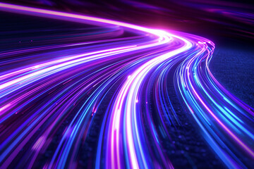 Poster - Neon glowing circle lines making a tunnel with vanishing point. Color lights abstract motion. Speed effect. Colorful wave spiral curve. Black background. Chaos wavy texture. Parallel pattern.