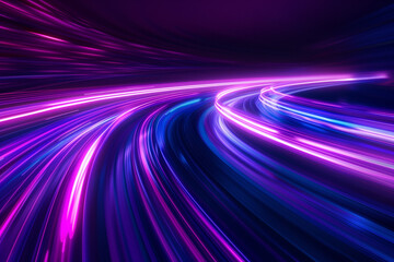Poster - Neon glowing circle lines making a tunnel with vanishing point. Color lights abstract motion. Speed effect. Colorful wave spiral curve. Black background. Chaos wavy texture. Parallel pattern.