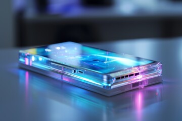 Poster - A transparent mobile device placed on a table, Transparent cellphone with holographic display, AI generated