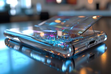 Poster - A transparent mobile device placed on a table, Transparent cellphone with holographic display, AI generated