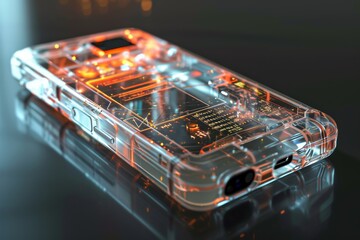 Poster - A transparent mobile device placed on a table, Transparent cellphone with holographic display, AI generated