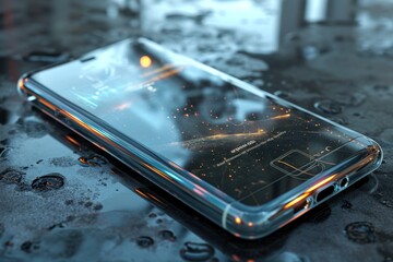 Poster - A transparent mobile device placed on a table, Transparent cellphone with holographic display, AI generated