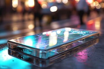 Poster - Transparent cellphone with holographic display, An unobstructed view of a mobile phone on a flat surface, AI generated